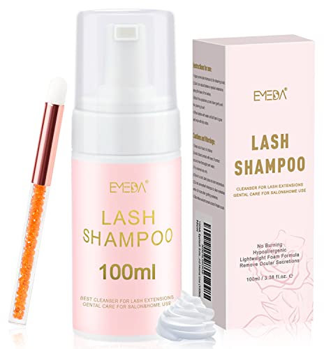 100ML Eyelash Extension Shampoo with Brush Lash Shampoo Eyelash Foaming Cleanser Mousse Wash for Extensions and Cluster Lashes Paraben & Oil Free Salon Home Use