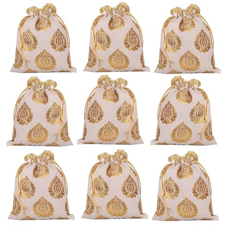 Touchstone Drawstring Bags Traditional Indian Handcrafted in Ficus Leaf Pattern Brocade fabric. Perfect for Gifts Jewelry Weddings Sweet Distribution Set of 9 Vibrant Golden Pouches Purses Potli