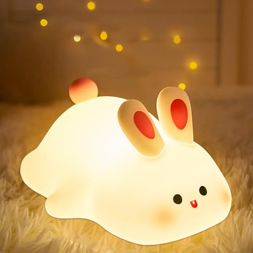 Cute Bunny Kids Night Light, Rabbits Squishy Silicone Animal Touch Lamp with Timer Dimmable, Kawaii Rechargeable Nursery Toddler Feeding Desk Room Decor LED Nightlight, Child Baby Women Birthday Gifts