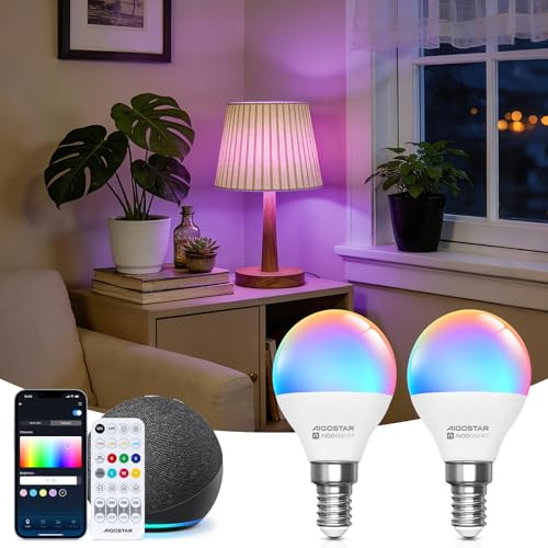 Aigostar Mesh- Bombilla inteligente Bluetooth Mesh, G45. 2700K-6500K y RGB regulable, E14, 6.5W, 555LM. Bombilla LED inteligente compatible con Alexa y Google Home. Incluye mando a distancia. 2Uds