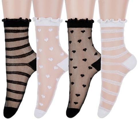Telooco 4Pairs Women Sheer Socks Casual Mesh Lace Socks See Through Ankle Socks Summer Transparent Socks for Women Girls