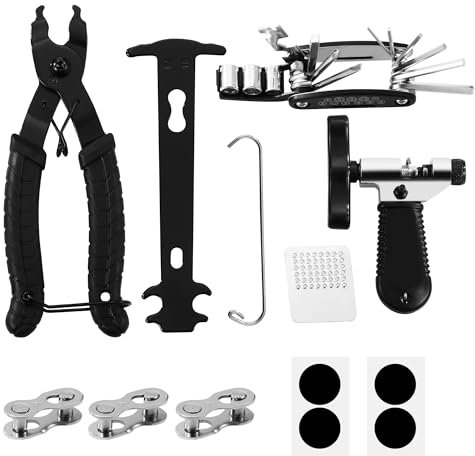 3 Fahrradkette Werkzeug(Kettennieter Fahrrad, Kettenzange, Kettenlehre), 3 Paar Kettenschloss Zange(6-8,9-10,11-12 Gang), 16 in 1 Fahrrad Multitool, 1 Box mit Fahrradreifenflicken, Fahrrad Werkzeugset