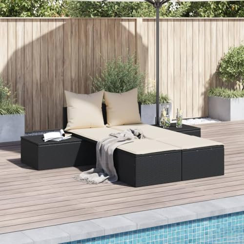 Keyroto Doppel-Sonnenliege mit Kissen Schwarz Poly Rattan, Gartenliege, Liegestuhl, Strandkorb, Sonnenliegen, Gartenliegen, Liege Garten, Sonnenliege Balkon, Garten Liegestuhl
