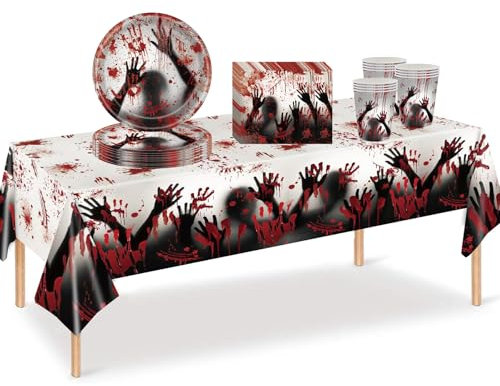 ZSYIULIA 53Pcs Halloween Blood Hands Party Tableware Set for Halloween Party Decorations Including Tablecloth,Halloween Cups,7inch Paper Plates,Paper Napkins for Halloween Theme Table Party Favor