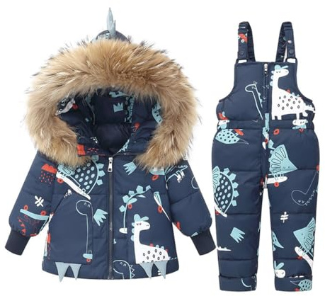 Acuryx Combinaison de Neige Bébé 2pcs Ensemble Hiver Enfant avec Col en Fourrure Amovible Manteau Chaud et Pantalon Imperméable Coupe-Vent Tenue de Neige pour Fille Garçon Blanc