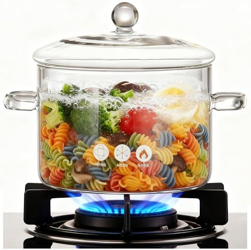 MJZQCD Glass Cooking Stovetop Pots,64oz/1900ml with Lids Saucepan with Cover Simmer Pot,Handmade hand-made,Heat-Resistant Borosilicate Glass, Cookware Set Stovetop Pot for Soup,Pasta