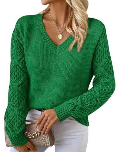 Jersey Cuello V Mujer Jerséis Mujer Pullover Sweater Women Sueter Punto Mujer Manga Larga Invierno Primavera Jerseys Mujeres Jersey de Cuello Pico Fino Punto Señora Suéter Tejido para Mujer Verde XL