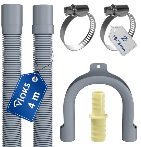 VIOKS Kit tuyau d'évacuation flexible pour lave-vaisselle 4 m 19/22 mm de diamètre + 2 colliers de serrage en acier inoxydable 18-28 mm de diamètre + 1 raccord de tuyau + 1 coude de fixation – Tuyau