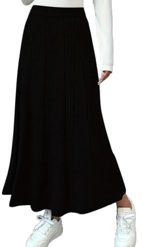 seiveini Jupe Longue Femme Élégante Taille Élastqiue Jupes Hiver en Tricot à Torsadée A-Ligne Couleur Unie A Noir Taille Unique