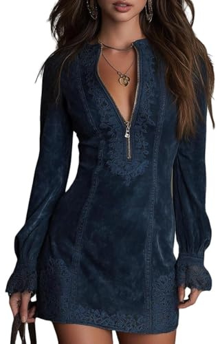 Mini robe vintage en daim synthétique à imprimé floral pour femme, manches longues, fermeture éclair, dentelle, robe courte moulante à col en V pour femme, bleu, XL