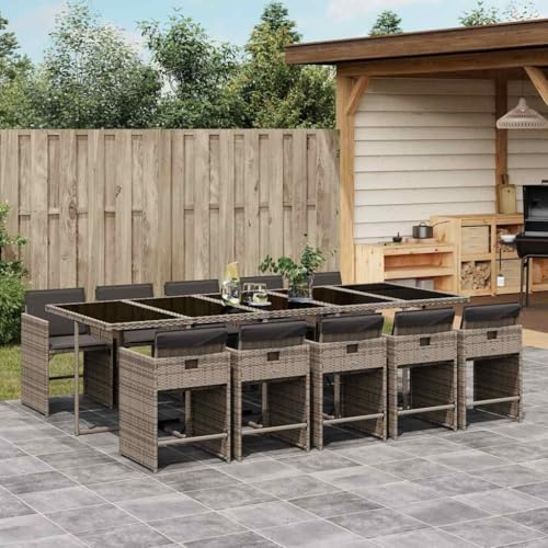 RMIHSJG 11-TLG. Gruppo da giardino con cuscino, grigio polyrattan, sedie pieghevoli e tavolo in vetro temperato per terrazza, mobili da giardino in rattan sintetico con rivestimenti rimovibili