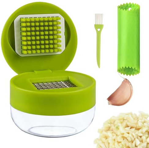 Juego de exprimidor de ajo, 2 exprimidores de ajo, con pelador de ajos de silicona, cepillo limpiador, cuchillas de acero inoxidable de calidad alimentaria, para ajo picado, jengibre y fruta