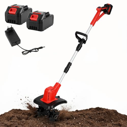 Fresa de jardín con batería de 21 V con 2 baterías de 3000 mAh, azada de 400 W, 20 cm de ancho de trabajo de 15 cm de profundidad de trabajo, fresadora plegable con 4 cuchillos, mango de 130 – 145 cm