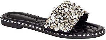 shelikes Women’s Diamante Flat Sandals Sparkly Open Toe Slip On Summer Slider for Beach Party Holiday & Casual Wear