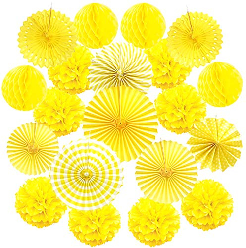 Recosis Hanging Paper Fan Set, Tissue Paper Pom Poms Flower Fan and Honeycomb Balls for Birthday Baby Shower Wedding Festival Decorations - Yellow