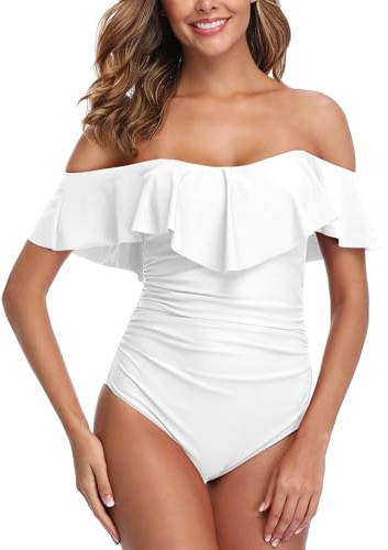 ZINPRETTY Maillot de Bain Une pièce rétro pour Femme - Contrôle du Ventre - Épaules dénudées - Monokini à Volants - Couverture complète, Taille XL