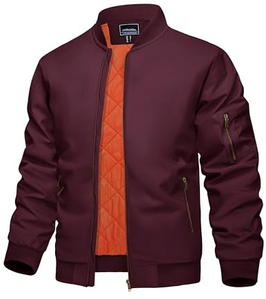 KEFITEVD Hombres Otoño Vintage Bomber Chaquetas Cálidas Chaquetas Béisbol Biker Windbreaker con 4 Bolsillos,Vino Rojo,XL