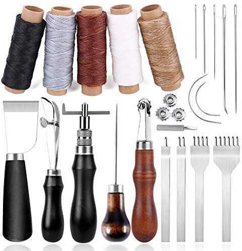 Leder Nähen Werkzeuge Set, Leder DIY Set mit 5 Farben Wachsfaden, Nähnadeln, Locher Meißel, Schneidmesser, Groover und Andere Werkzeuge zum Nähen und Schneiden