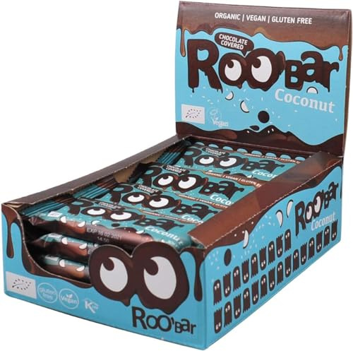 Roobar Chocolate Covered Coconut Bars - 100% Organic, Vegan, Fruit Bar, Dairy Free & Gluten Free, No Refined Sugar - 16 x 30g