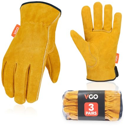 Vgo... 3 paia Guanti da Lavoro Uomo in Pelle Bovina Sicurezza Lavoro, Guanti da Giardinaggio Edilizia Costruzione, Guanti Antinfortunistici(CB9501) (9/L (3, paia), giallo)
