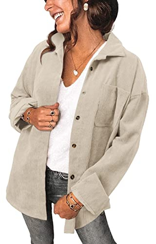 Womens Long Sleeve Button Up Pocket Shirts Ladies Loose Fit Corduroy Shacket Jacket Blouse Tops Off White M