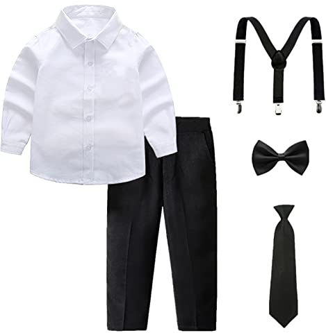amropi Ragazzi Completini e Coordinati Bambino a Maniche Lunga Camicie e Pantaloni e Cravatta Bianco Nero, 12-13 Anni