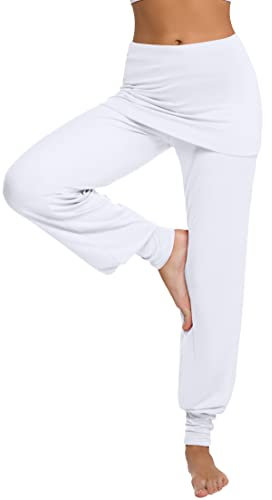 Terecey Yogahose Damen Lang mit Rock Freizeithose Baumwolle Jogginghose Hohe Taille Pumphose Haremhose für Yoga Pilates Tanzen Joggen Weiß XXL