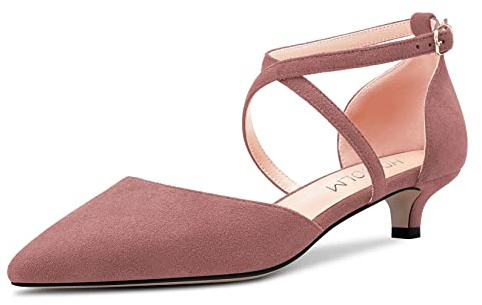 HDEUOLM Femmes Bas Kitten Talon Heel Fermé Pointu Bout Sandales Lanières Cheville Lanières Croisées Boucle Escarpins Mariage Sexy Dress 3.5 CM Heels Chaussures Rose Suède 43 EU