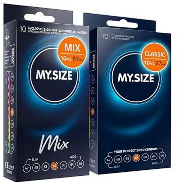 MY.SIZE Mix Set Size 4, 57 mm: 10 Classic Condoms + 10 in 4 Exciting Varieties with Flavor, Color, Ribbed & Classic