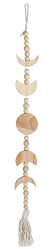 SUPERFINDINGS Wooden Moon Phase Wall Hanging Beaded with Tassel BurlyWood Bohemian Ethnic Style Tassel Garland Wooden Flat Wall Decoration for Bedroom Living room Apartment Cafe