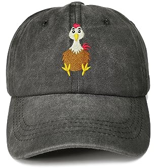 Enodtter Embroidered Chicken Baseball Hat Gift for Boy Girl Kids Child, Washed Black Snapback Cap Embroidery Adjustable Hats