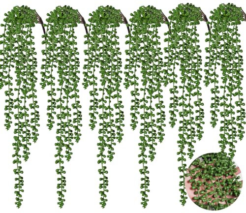 RECUTMS 6pcs Artificial Succulents Hanging Plants Fake Hanging String of Pearls Plant Faux Greenery Wall Plants for Spring Indoor Outdoor Home Bedroom Patio Garden Easter Decor