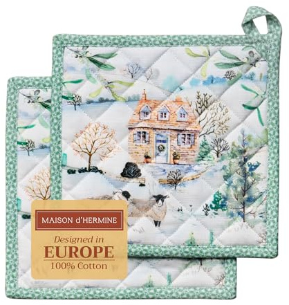 Maison d' Hermine Snowy World Set of 2 Pot Holders with Loop Heat Resistant for BBQ | Cooking | Baking | Grilling | Microwave | Barbecue | Thanksgiving/Christmas (20 cm x 20 cm)