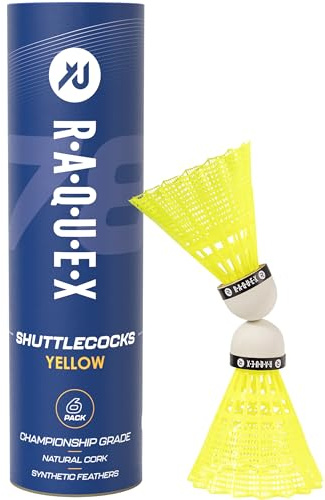 Raquex Badminton Shuttlecocks - Yellow/White, Tube of 6 - All Natural Cork Shuttlecocks, Nylon Feathers - Three Speed Options – Indoor Outdoor Durable Badminton Shuttles (78, Yellow)