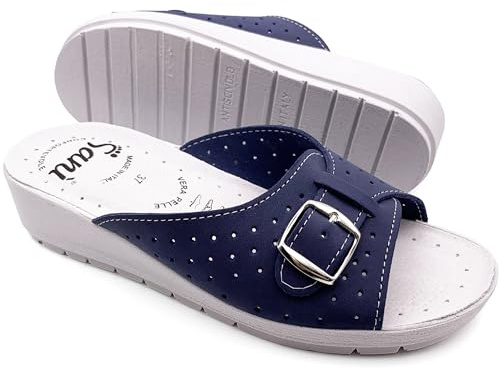 Ciabatte Donna Estive Comode Pantofole in Vera Pelle con Fibbia Regolabile a Punta Aperta Sandali Sanitari con Fascia (Blu, Sistema Taglie Calzature EU, Adulto, Donna, Numero, Media, 41)