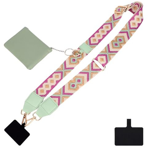 Risipu Handykette Universal mit Tasche, Clip und Go Handygurt mit Reißverschluss Geldbörse, Verstellbarer Umhängegurt für Damen (Green)