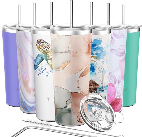 Edelstahl-Vakuum-Isolierbecher - THILY 780 ml Reisebecher mit weitem Mund, Kaffeetasse mit 2 Deckeln und Strohhalmen, spritzwassergeschützt, BPA-frei, hält kalte Getränke kühl, Golden Bloom Whispers