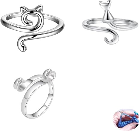 3 Pieces Crochet Ring,Cute Cat Yarn Tension Ring,Silver Crochet Rings For Fingers,Metal Knitting Loop Rings for Fingers,Improved Knitting Efficiency,Crochetes Tension ring,for Mother Grandma Gifts.