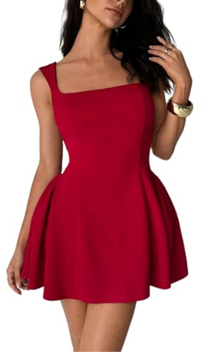 AOWVUTS Mini Abito Elegante Donna Sexy Senza Maniche con Scollo Quadrato Vestito Corto Estivo Aderente Casual da Sera per Discoteca Cocktail Party