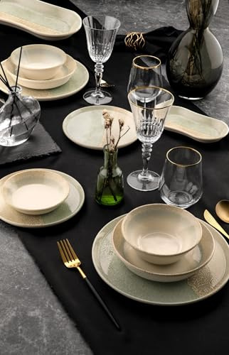 Juego de cena de 27 piezas, 100% porcelana, verde y crema, incluye platos de servicio, bolos, platos de postre y platos para botes | Apto para lavavajillas y microondas