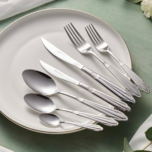 Karaca New Mantilla Kitchen Cutlery Set for 12 People, Spoon Knife and Fork Sets 84 Piece, Stainless Steel Tableware, Modern Silver Flatware