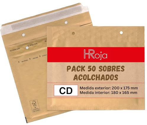Pack de 50 Sobres Acolchados 200 x 175 mm de Papel Kraft con Burbuja Interior Antigolpes y Antimanipulación para Envíos y Paquetería Resistente y Autoadhesivo Fabricado en Europa | HRoja