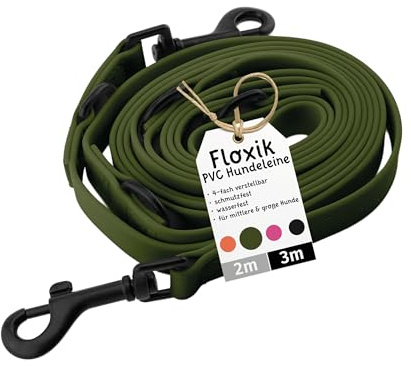 Floxik PVC Hundeleine 3m Grün | 4 Längen verstellbare Führleine für mittlere & große Hunde | Schmutz- & Wasserfest | Ideale Umhängeleine für das nächste Abenteuer mit deinem Liebling