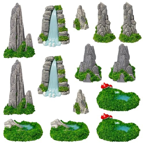 Sxutop Lot de 14 mini modèles en résine - Modèle de montagne - Rockery - En résine - Pour modélisme - Paysage de rocaille - Décoration de paysage avec montagne et bassin d'eau - Pour jardin