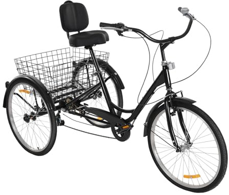Mqwdxzfes 24 Zoll Dreirad für Erwachsene, 7-Gang 3-Rad Einkaufsdreirad mit Einkaufskorb, Verstellbarer Sitz, Cityräder Freizeit Cruiser-Fahrrad Seniorendreirad für Einkaufen Senioren (Schwarz)