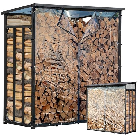 Metall vedhylla utomhus 185 x 70 x 185 cm med väderskydd transparent, Pro – 40 mm stålprofil, antracit, väderbeständig, kapacitet 2,3 m³ (3,5 SRM), XXL trädgård vedskydd stapelstöd