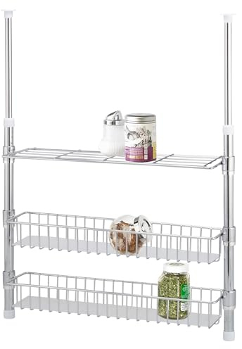 bremermann Teleskop-Gewürzregal, Teleskopregal mit 2 Körben und 1 Regal inklusive Einlegeboden, Klemmregal 50-80 cm Einbauhöhe, ideal für Gewürze und Vorräte, aus Metall (Chrom)