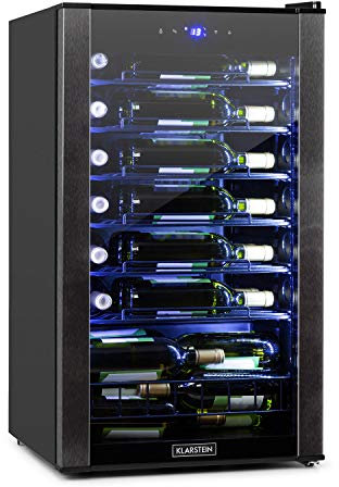 Klarstein Vinomatica - Cave à vin, Compacte, Capacité de 95L, 36 bouteilles, Porte panoramique, Cadre en acier inoxydable noir, Eclairage intérieur, 6 tablettes amovibles, Réglable de 4 à 18°C, Noir