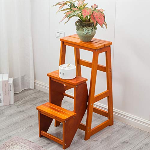 Folding Ladder Chairs Step High Stool - Wooden Foldable Ladder Stool Shelf Multifunction Flower Stand Stepladder Stairway Chair with Widened Safety 3-steps