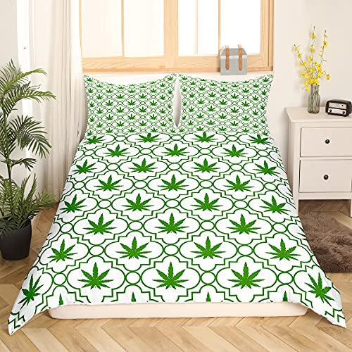 Funda de edredón de Hojas de Marihuana para niños y niñas, Juego de Ropa de Cama geométrica, diseño de Hojas de Cannabis y Hojas de Cannabis, Juego de Ropa de Cama geométrica, Color Verde cáñamo, 3 p